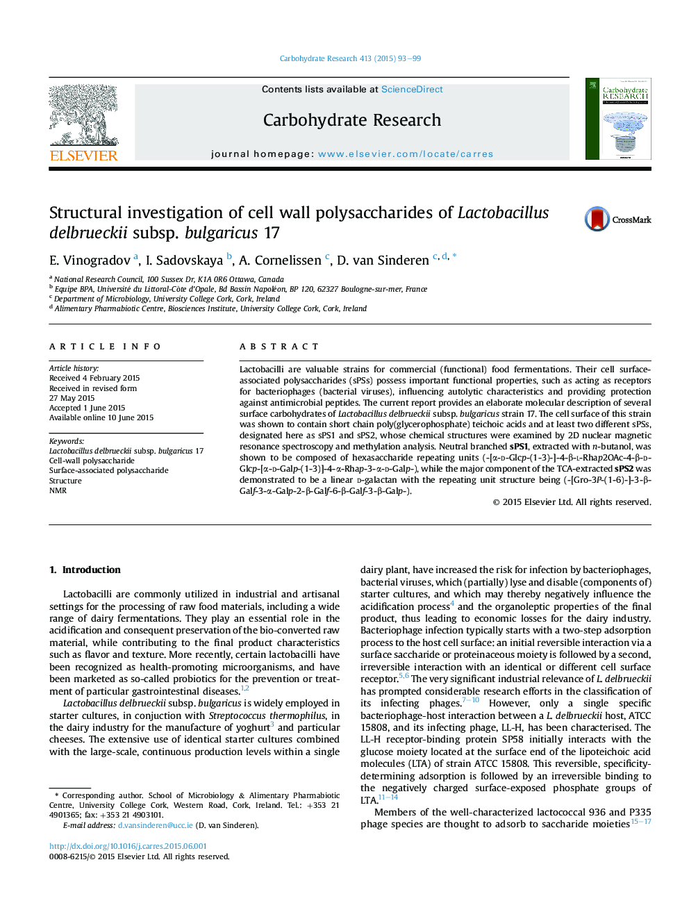 Structural investigation of cell wall polysaccharides of Lactobacillus delbrueckii subsp. bulgaricus 17