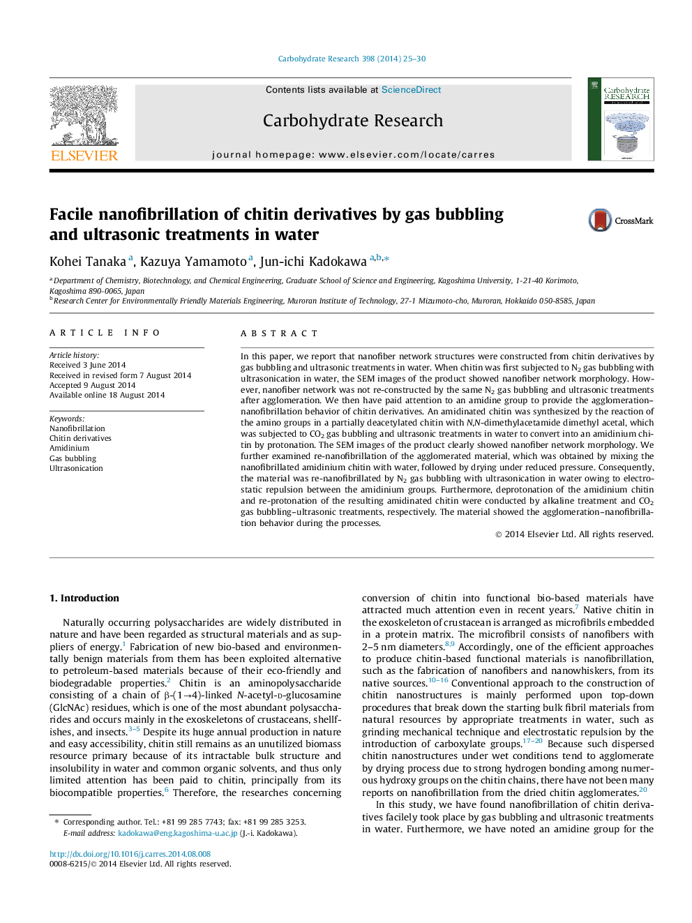 Facile nanofibrillation of chitin derivatives by gas bubbling and ultrasonic treatments in water