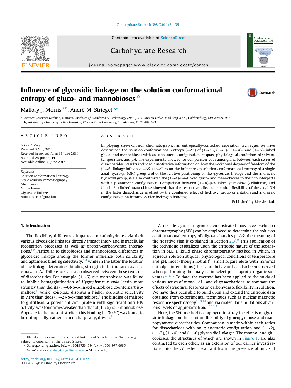 Influence of glycosidic linkage on the solution conformational entropy of gluco- and mannobioses 