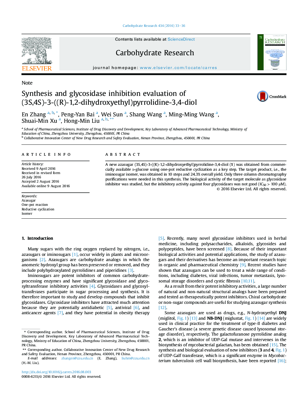 Synthesis and glycosidase inhibition evaluation of (3S,4S)-3-((R)-1,2-dihydroxyethyl)pyrrolidine-3,4-diol