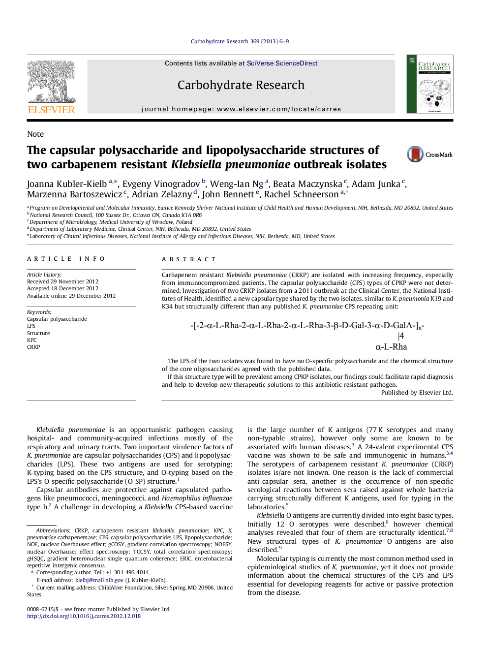 The capsular polysaccharide and lipopolysaccharide structures of two carbapenem resistant Klebsiella pneumoniae outbreak isolates