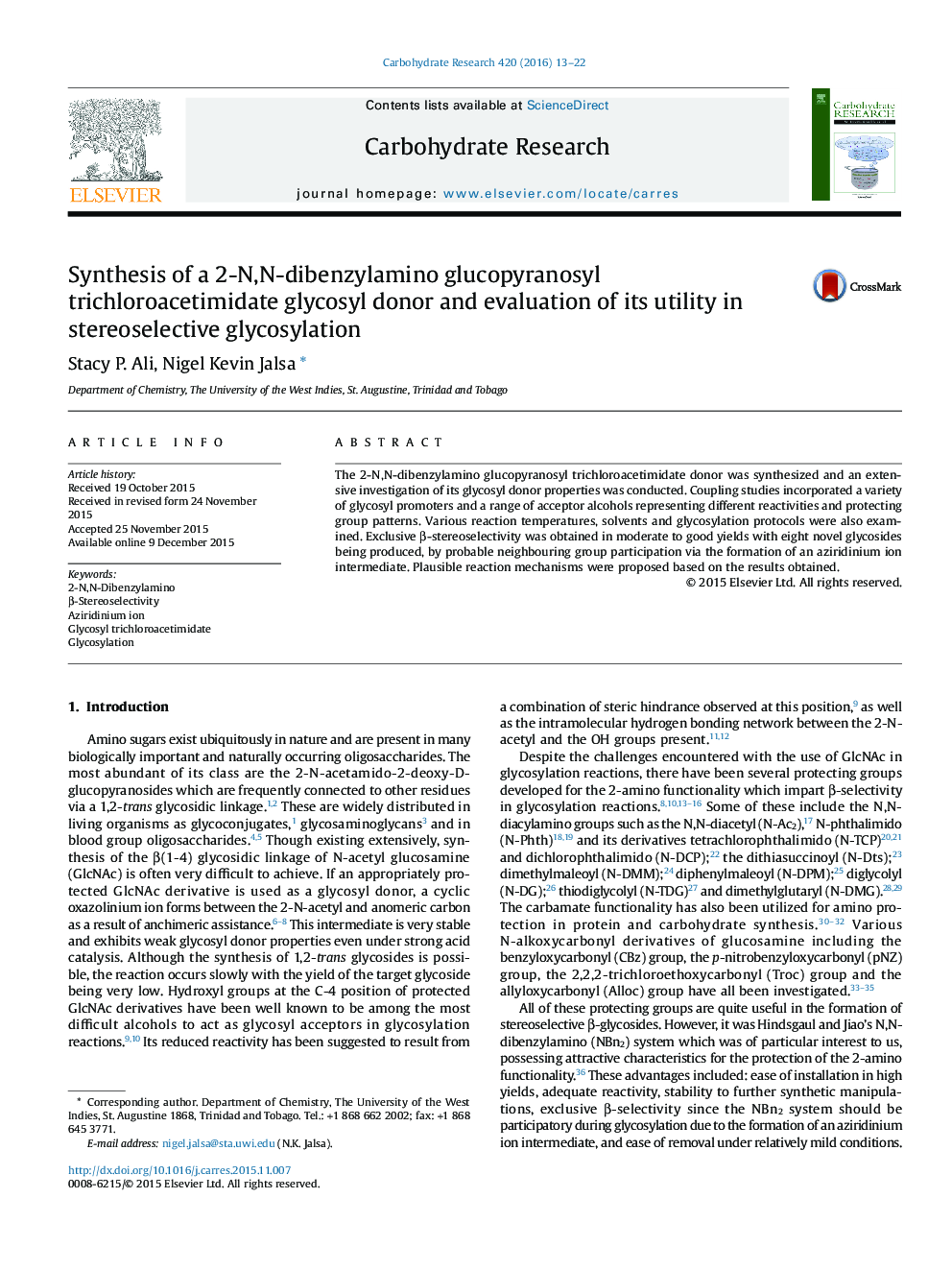 Synthesis of a 2-N,N-dibenzylamino glucopyranosyl trichloroacetimidate glycosyl donor and evaluation of its utility in stereoselective glycosylation