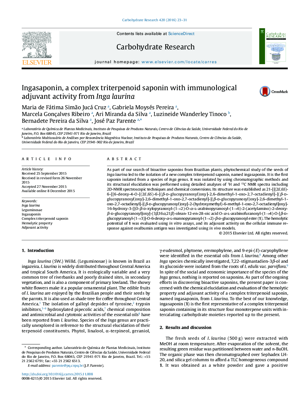 Ingasaponin, a complex triterpenoid saponin with immunological adjuvant activity from Inga laurina