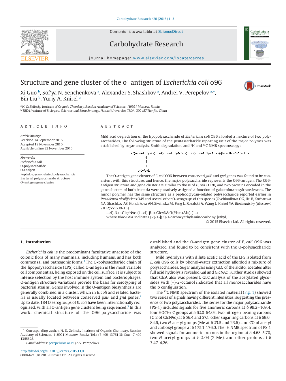 Structure and gene cluster of the o–antigen of Escherichia coli o96