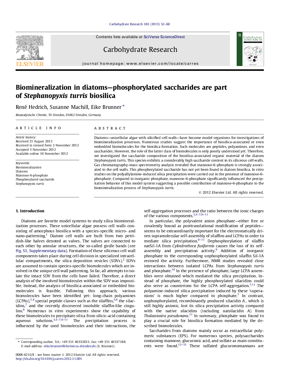 Biomineralization in diatoms—phosphorylated saccharides are part of Stephanopyxis turris biosilica