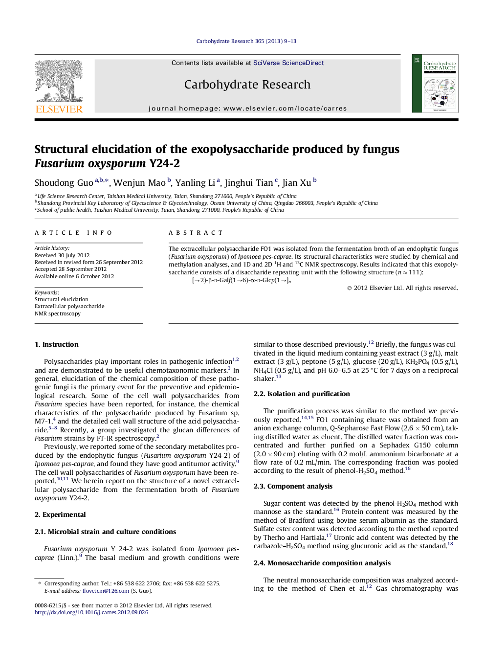 Structural elucidation of the exopolysaccharide produced by fungus Fusarium oxysporum Y24-2