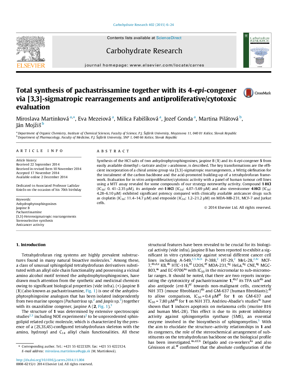 Total synthesis of pachastrissamine together with its 4-epi-congener via [3,3]-sigmatropic rearrangements and antiproliferative/cytotoxic evaluation