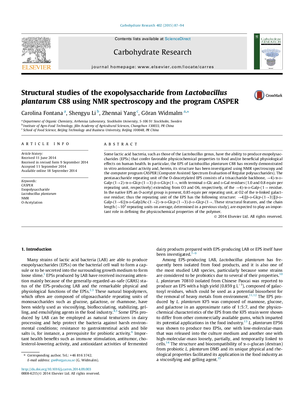 Structural studies of the exopolysaccharide from Lactobacillus plantarum C88 using NMR spectroscopy and the program CASPER