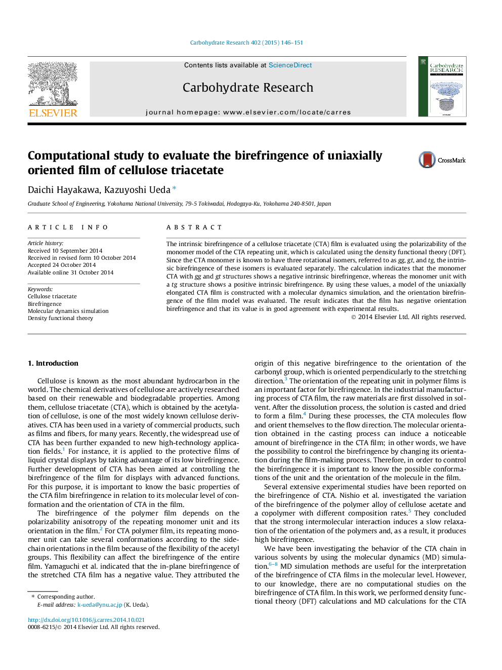 Computational study to evaluate the birefringence of uniaxially oriented film of cellulose triacetate