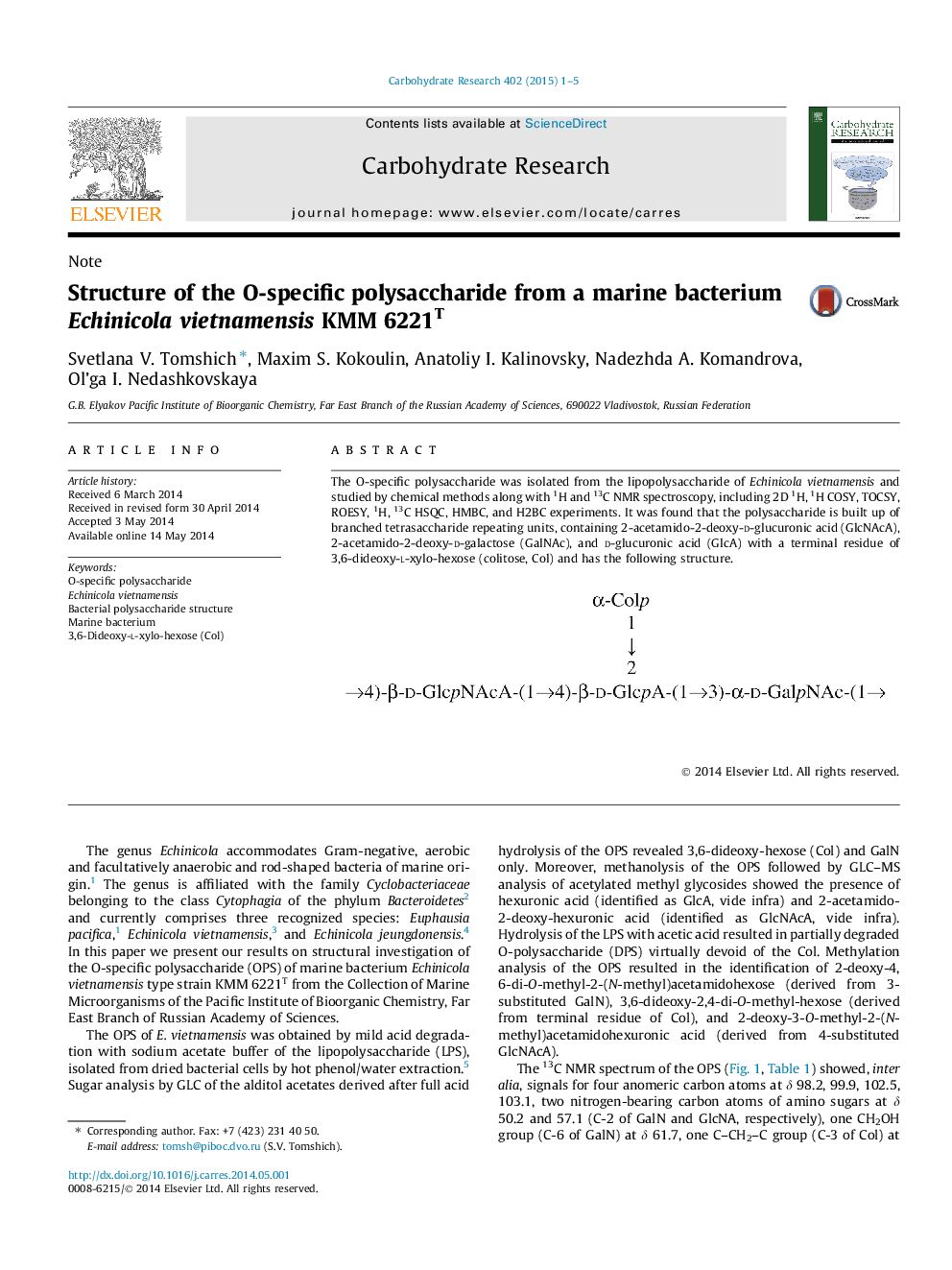 Structure of the O-specific polysaccharide from a marine bacterium Echinicola vietnamensis KÐÐ 6221Ð¢