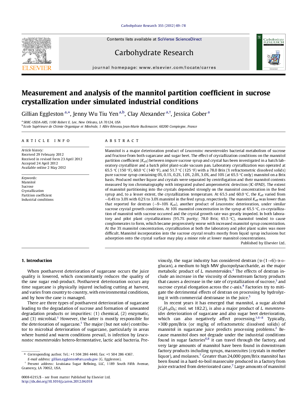 Measurement and analysis of the mannitol partition coefficient in sucrose crystallization under simulated industrial conditions