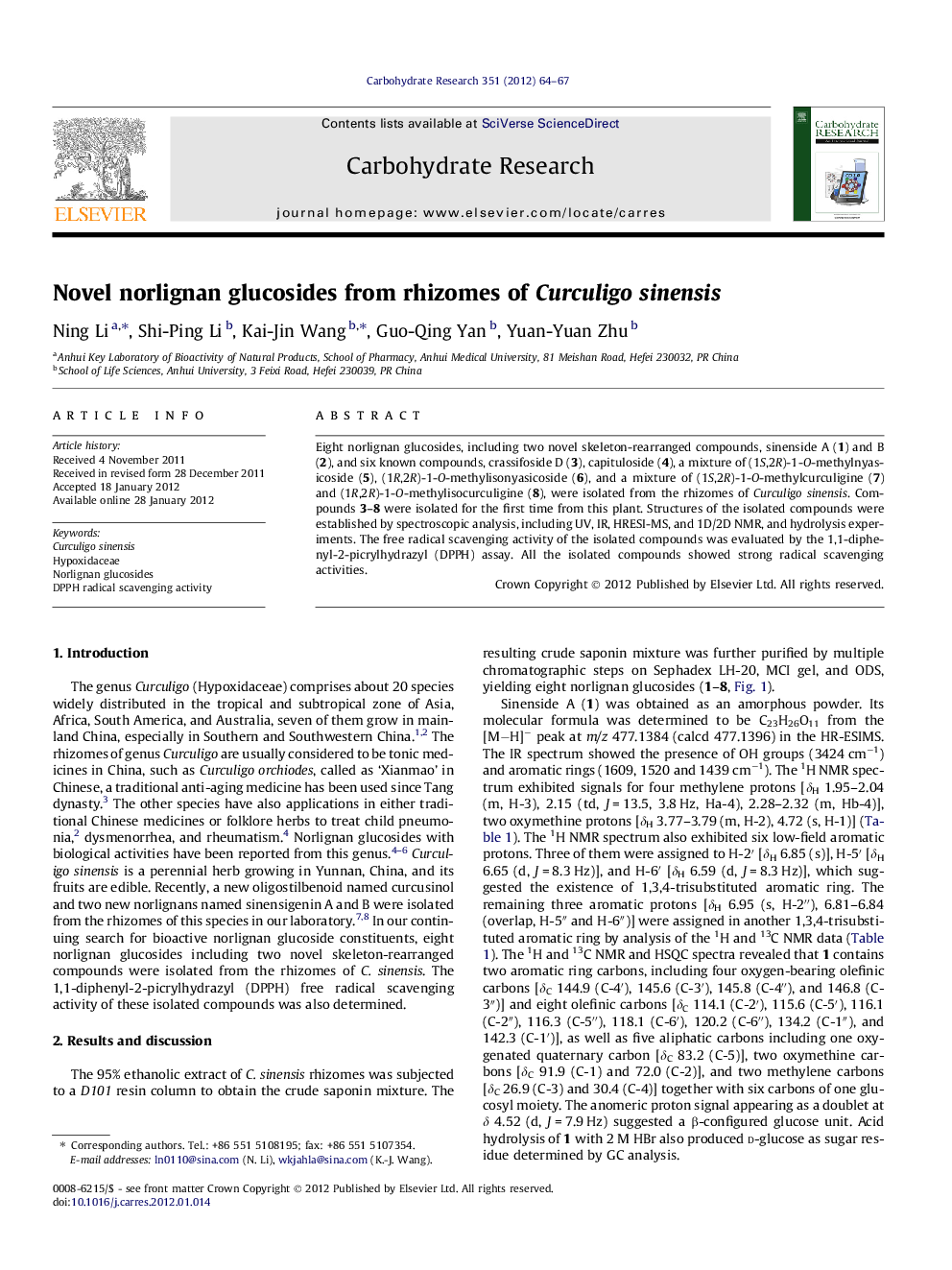 Novel norlignan glucosides from rhizomes of Curculigo sinensis