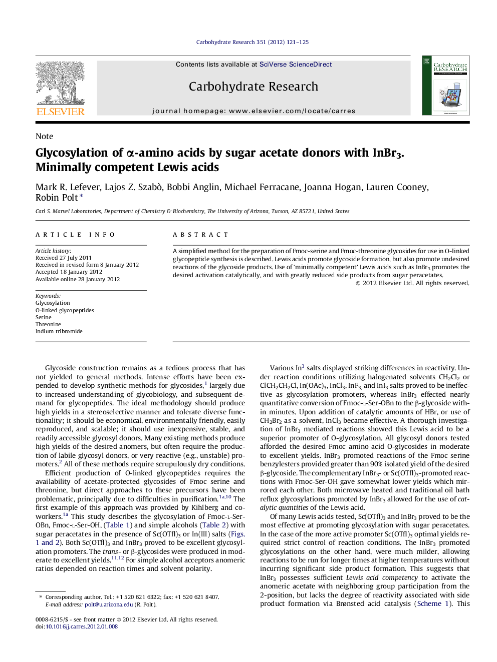 Glycosylation of α-amino acids by sugar acetate donors with InBr3. Minimally competent Lewis acids