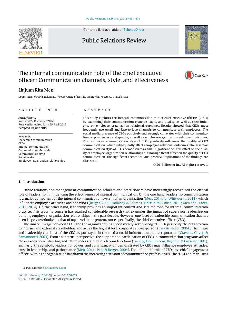 The internal communication role of the chief executive officer: Communication channels, style, and effectiveness