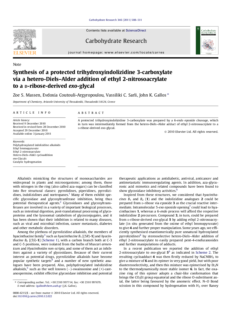 Synthesis of a protected trihydroxyindolizidine 3-carboxylate via a hetero-Diels–Alder addition of ethyl 2-nitrosoacrylate to a d-ribose-derived exo-glycal