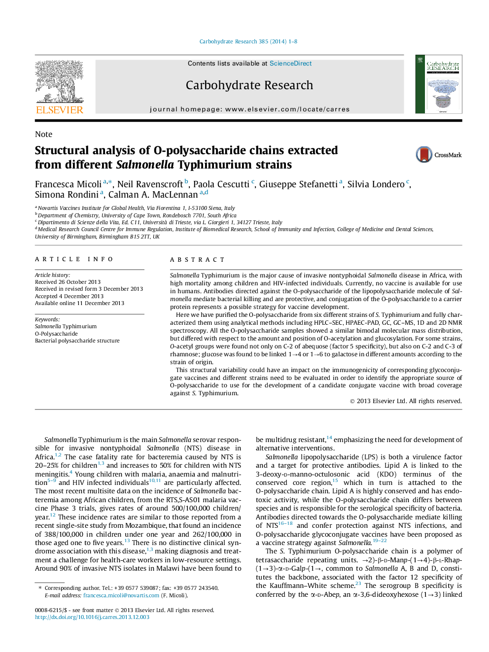 Structural analysis of O-polysaccharide chains extracted from different Salmonella Typhimurium strains