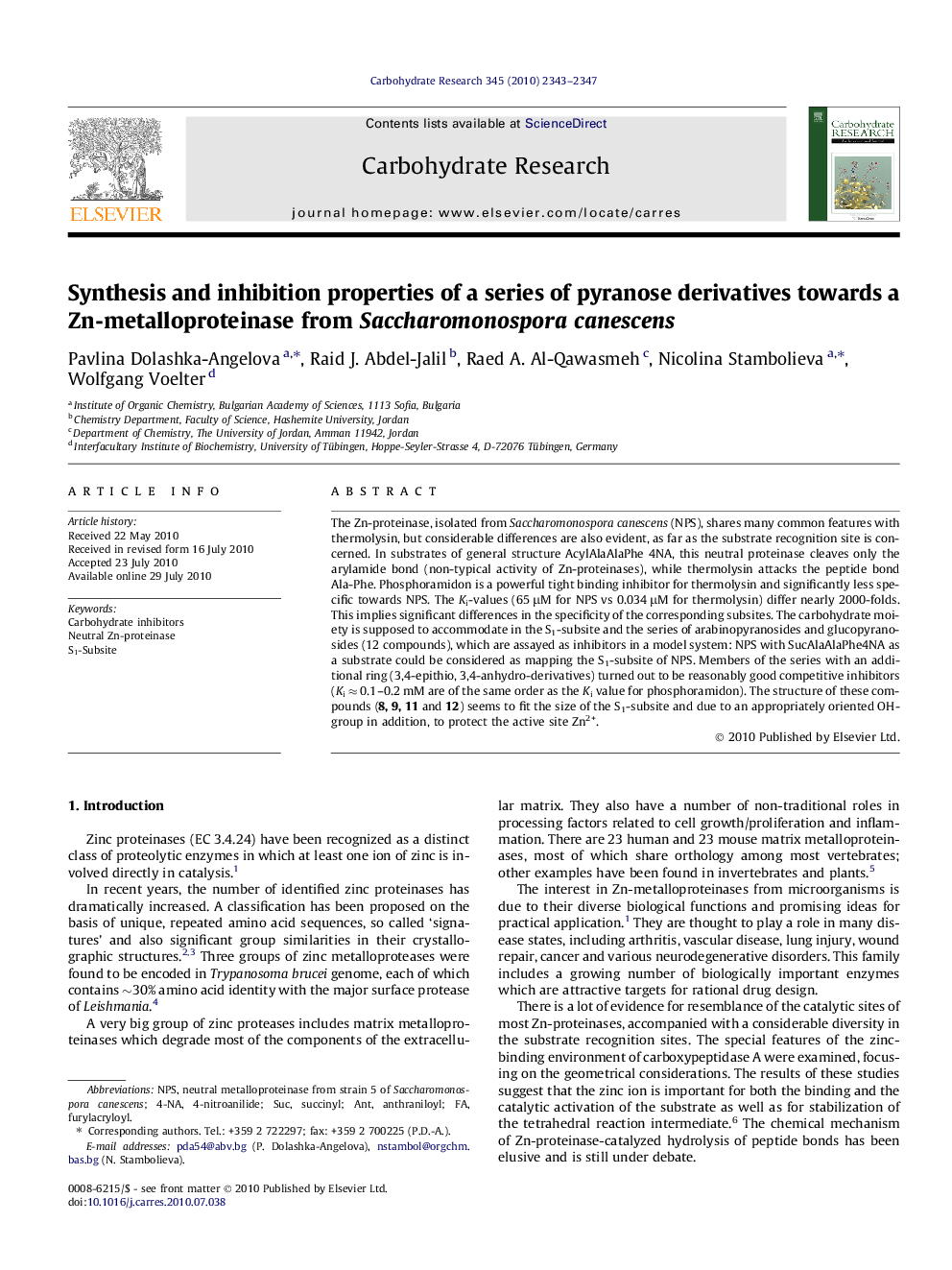 Synthesis and inhibition properties of a series of pyranose derivatives towards a Zn-metalloproteinase from Saccharomonosporacanescens