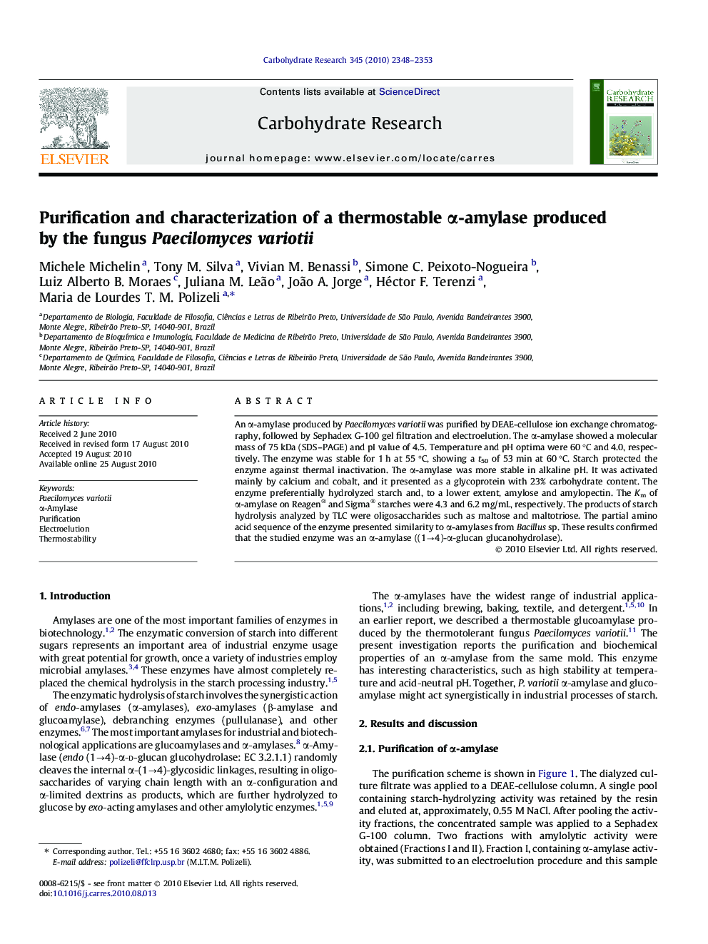 Purification and characterization of a thermostable α-amylase produced by the fungus Paecilomyces variotii