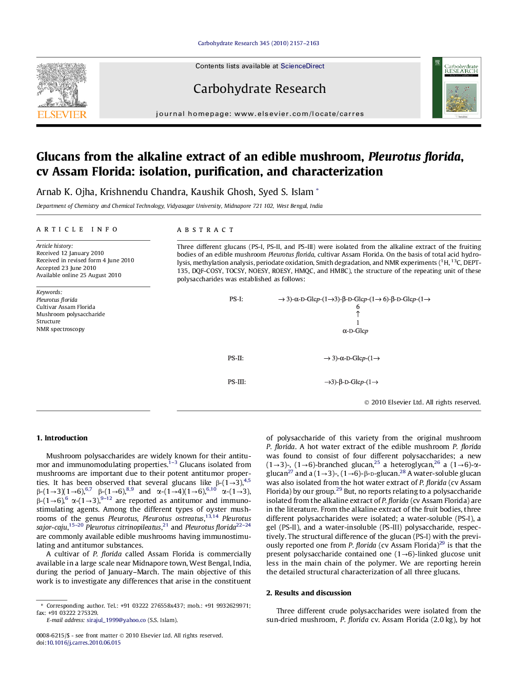 Glucans from the alkaline extract of an edible mushroom, Pleurotus florida, cv Assam Florida: isolation, purification, and characterization