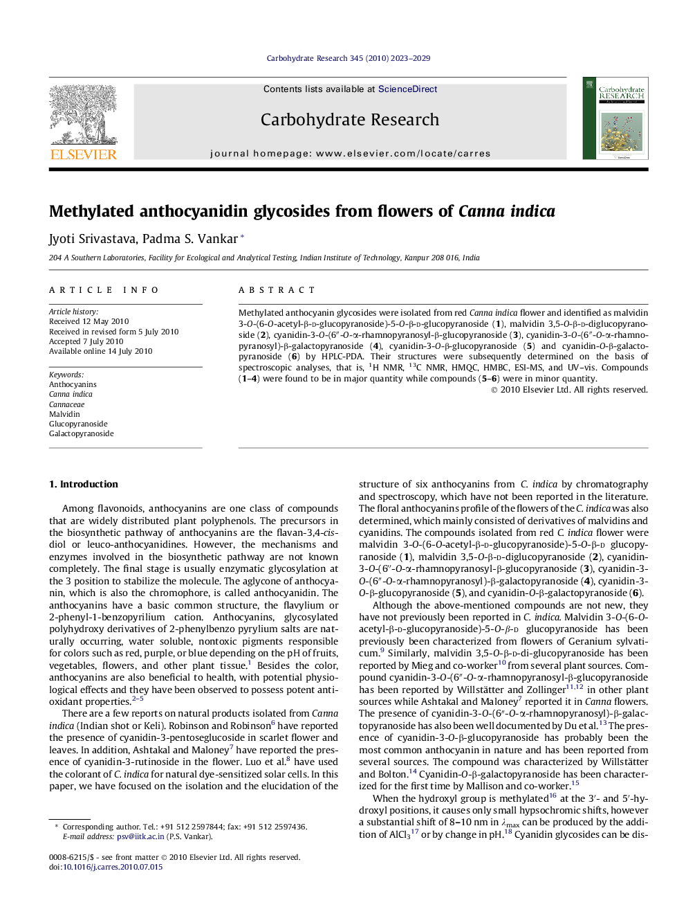 Methylated anthocyanidin glycosides from flowers of Canna indica