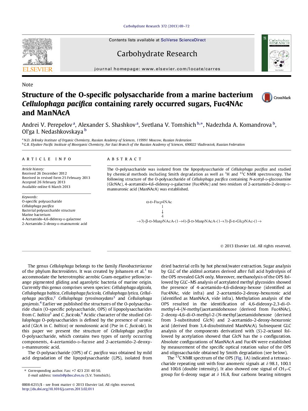 Structure of the O-specific polysaccharide from a marine bacterium Cellulophaga pacifica containing rarely occurred sugars, Fuc4NAc and ManNAcA