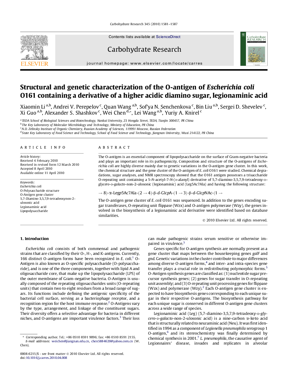 Structural and genetic characterization of the O-antigen of Escherichia coli O161 containing a derivative of a higher acidic diamino sugar, legionaminic acid