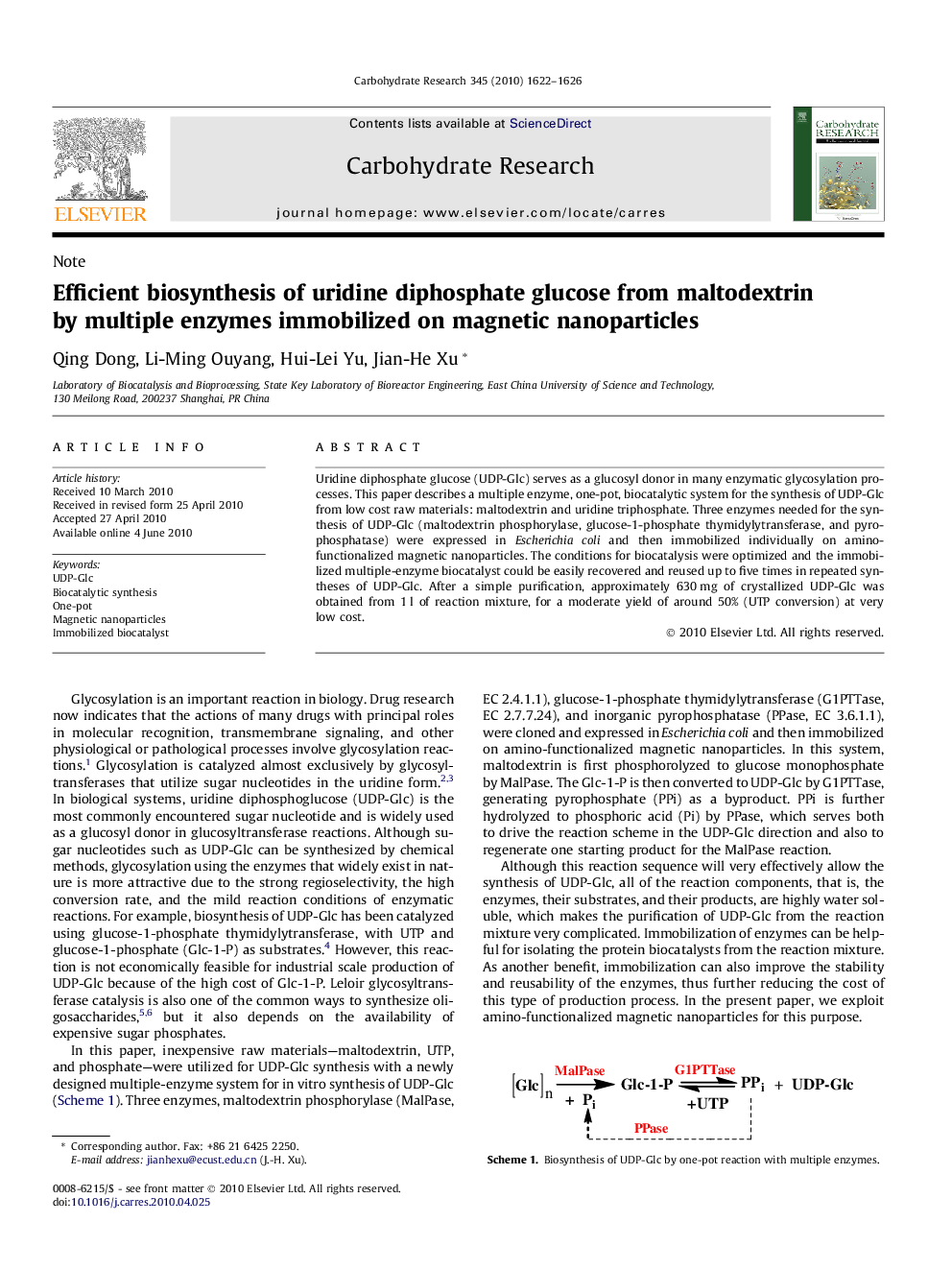 Efficient biosynthesis of uridine diphosphate glucose from maltodextrin by multiple enzymes immobilized on magnetic nanoparticles