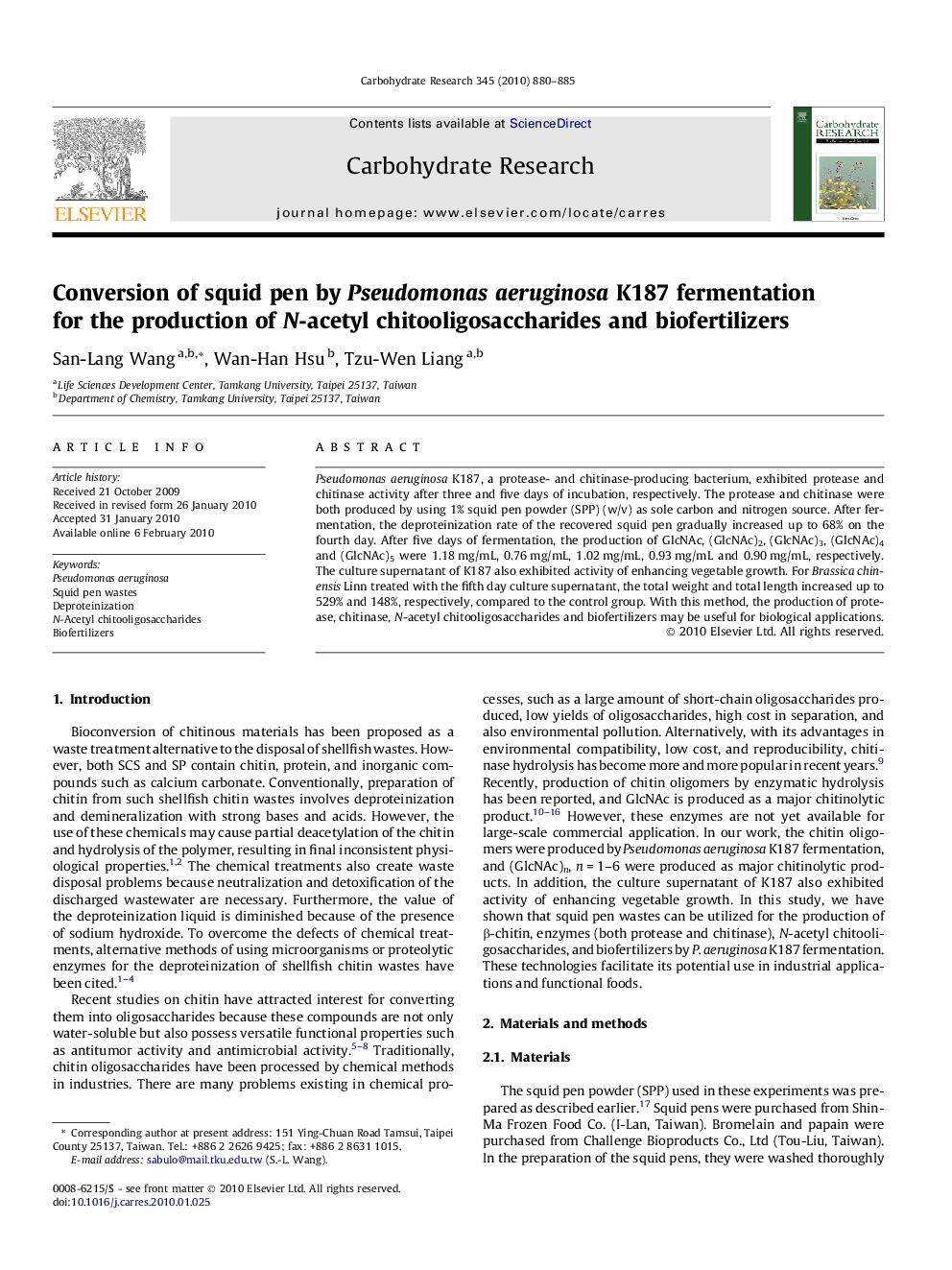 Conversion of squid pen by Pseudomonas aeruginosa K187 fermentation for the production of N-acetyl chitooligosaccharides and biofertilizers