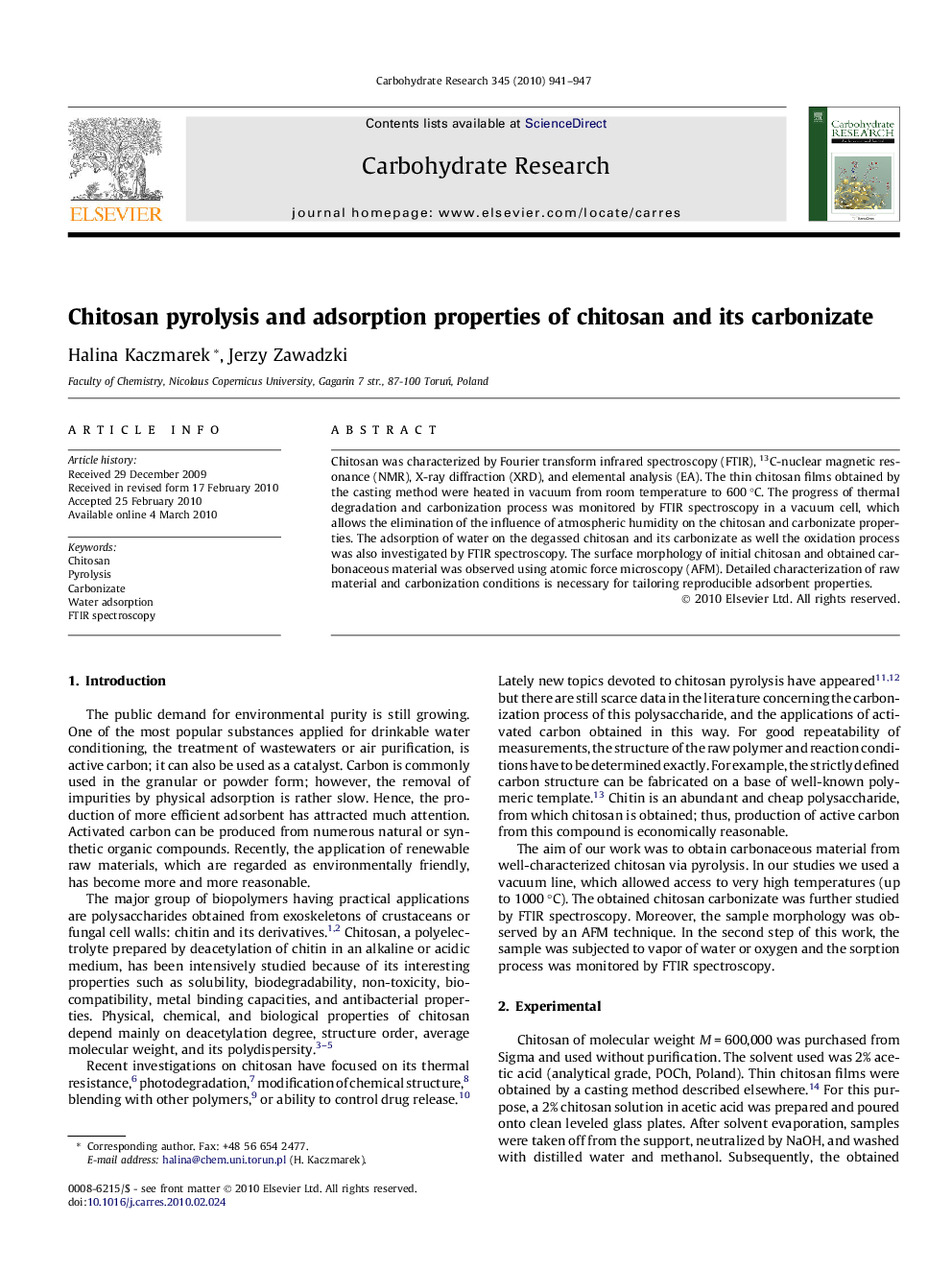 Chitosan pyrolysis and adsorption properties of chitosan and its carbonizate