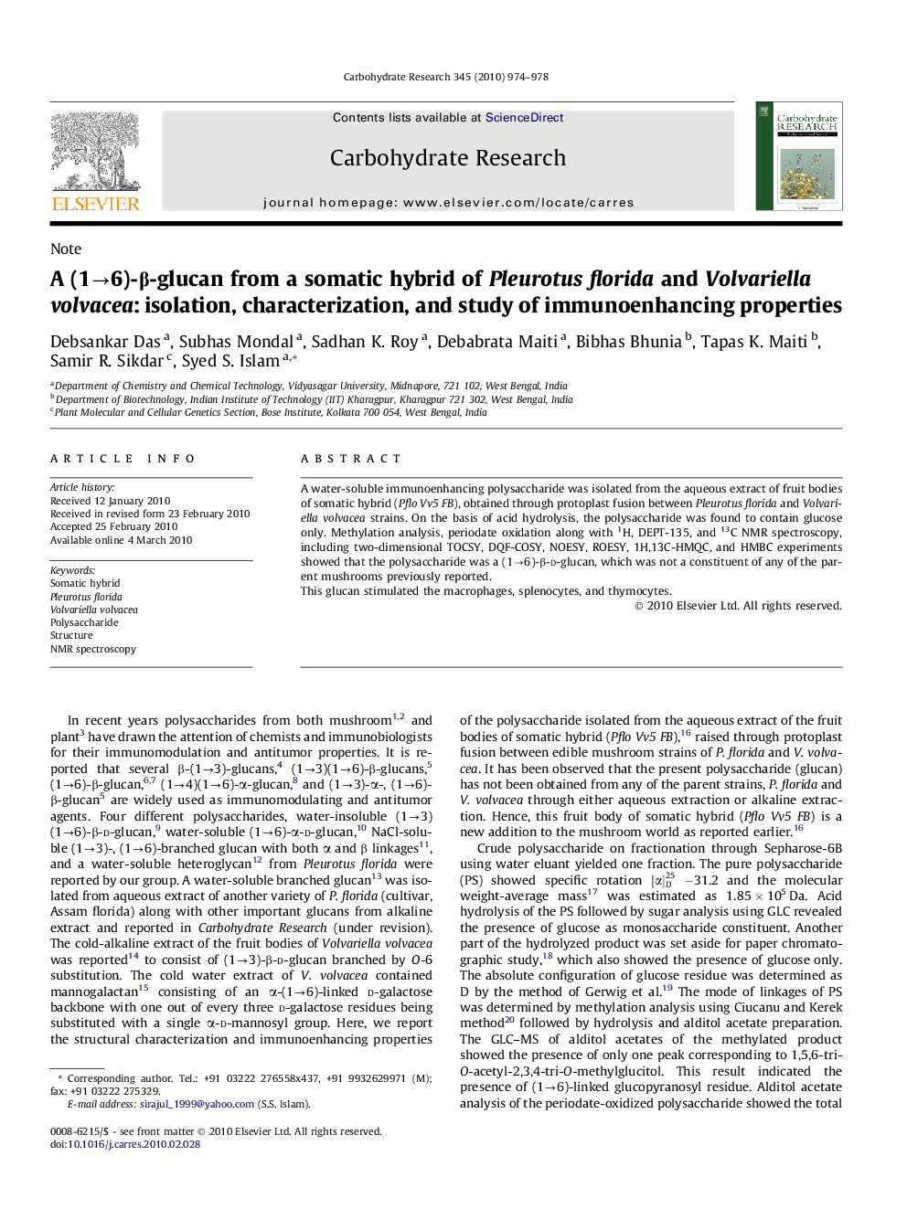 A (1→6)-β-glucan from a somatic hybrid of Pleurotus florida and Volvariella volvacea: isolation, characterization, and study of immunoenhancing properties