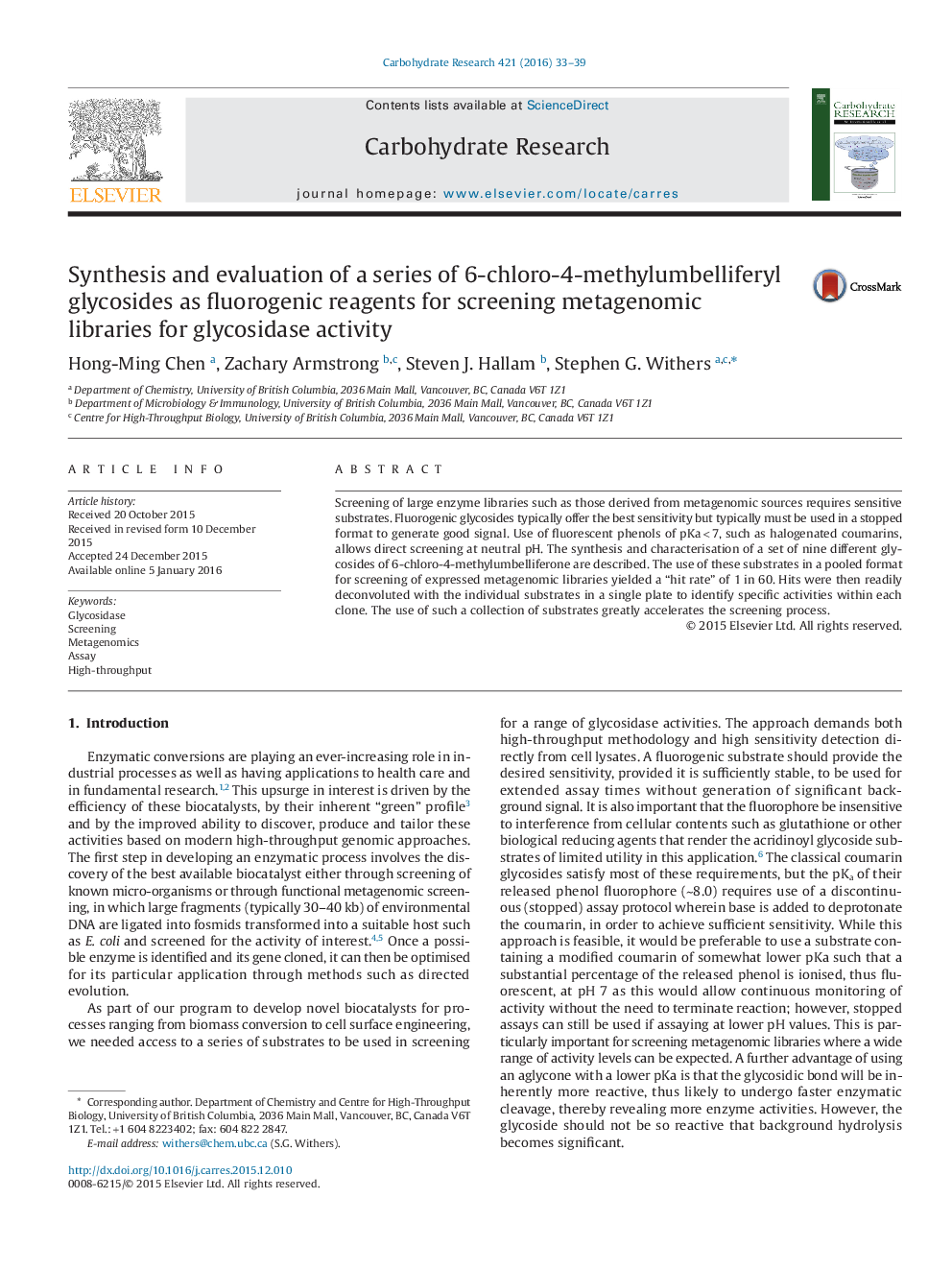 Synthesis and evaluation of a series of 6-chloro-4-methylumbelliferyl glycosides as fluorogenic reagents for screening metagenomic libraries for glycosidase activity