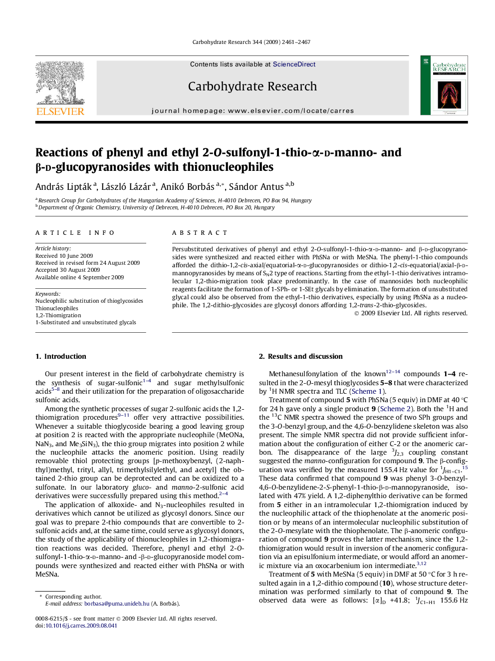 عکس صفحه اول مقاله: Reactions of phenyl and ethyl 2-O-sulfonyl-1-thio-α-d-manno- and β-d-glucopyranosides with thionucleophiles Reactions of phenyl and ethyl 2-O-sulfonyl-1-thio-α-d-manno- and β-d-glucopyranosides with thionucleophiles