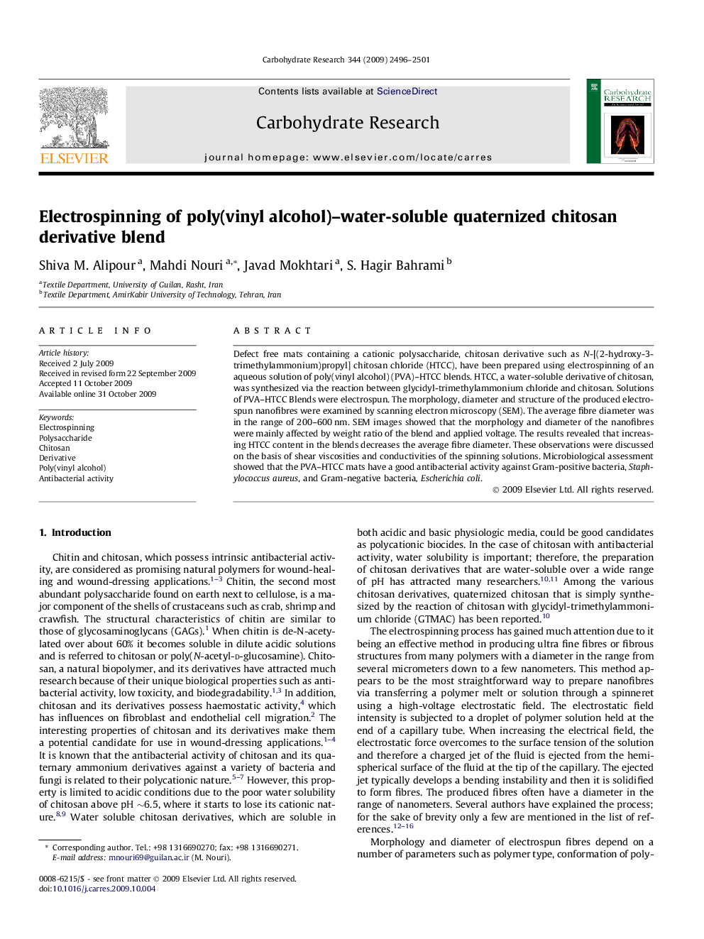 Electrospinning of poly(vinyl alcohol)–water-soluble quaternized chitosan derivative blend