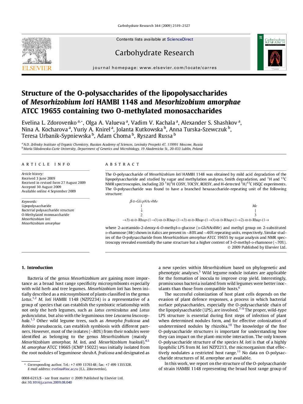 Structure of the O-polysaccharides of the lipopolysaccharides of Mesorhizobium loti HAMBI 1148 and Mesorhizobium amorphae ATCC 19655 containing two O-methylated monosaccharides