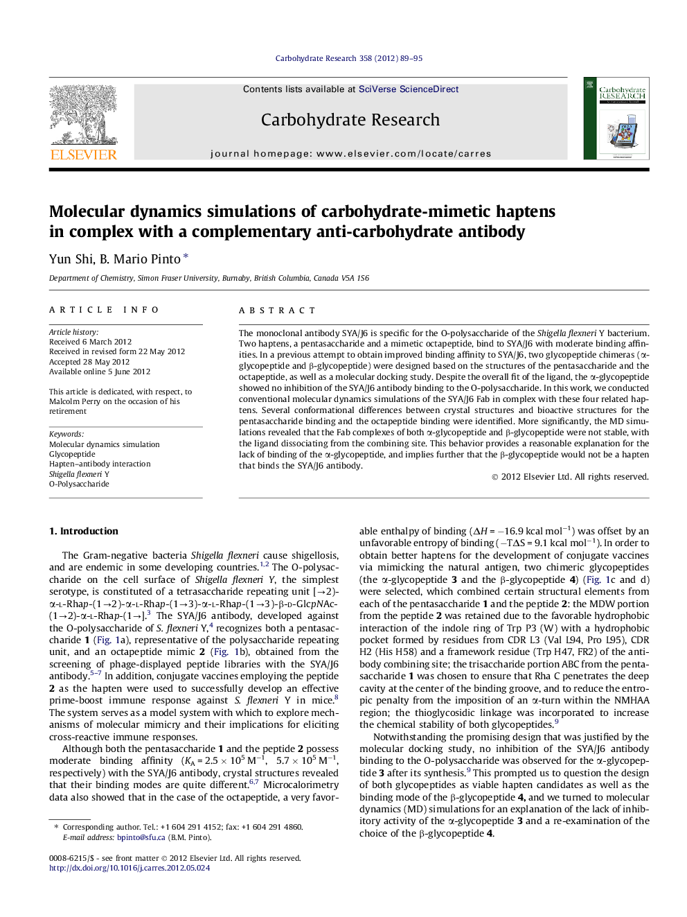 Molecular dynamics simulations of carbohydrate-mimetic haptens in complex with a complementary anti-carbohydrate antibody