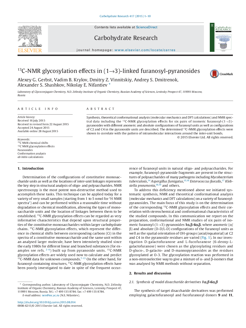 13C-NMR glycosylation effects in (1→3)-linked furanosyl-pyranosides