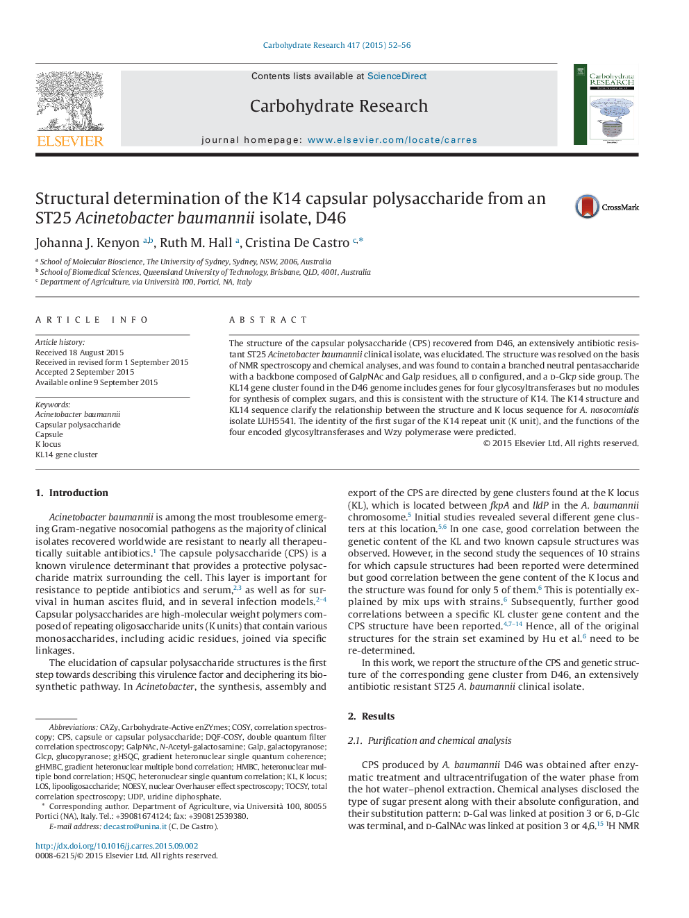 Structural determination of the K14 capsular polysaccharide from an ST25 Acinetobacter baumannii isolate, D46