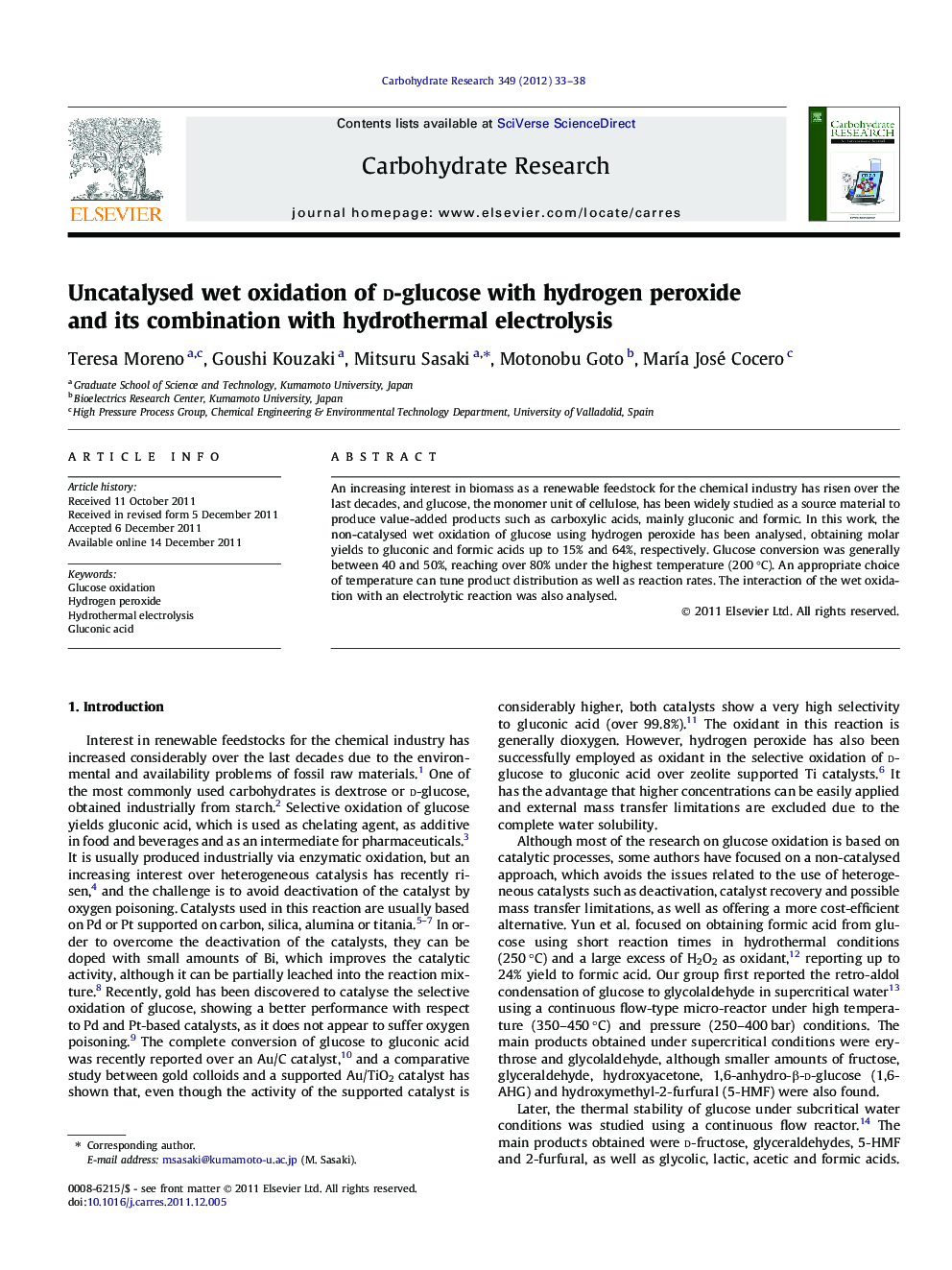 Uncatalysed wet oxidation of d-glucose with hydrogen peroxide and its combination with hydrothermal electrolysis