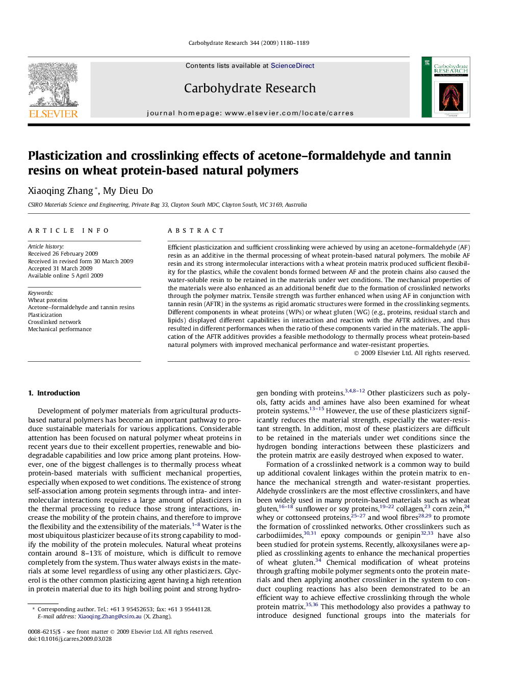 Plasticization and crosslinking effects of acetone–formaldehyde and tannin resins on wheat protein-based natural polymers