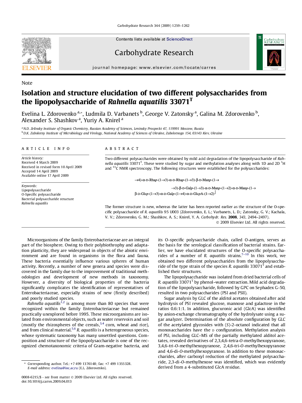 عکس صفحه اول مقاله: Isolation and structure elucidation of two different polysaccharides from the lipopolysaccharide of Rahnella aquatilis 33071T Isolation and structure elucidation of two different polysaccharides from the lipopolysaccharide of Rahnella aquatilis 33071T