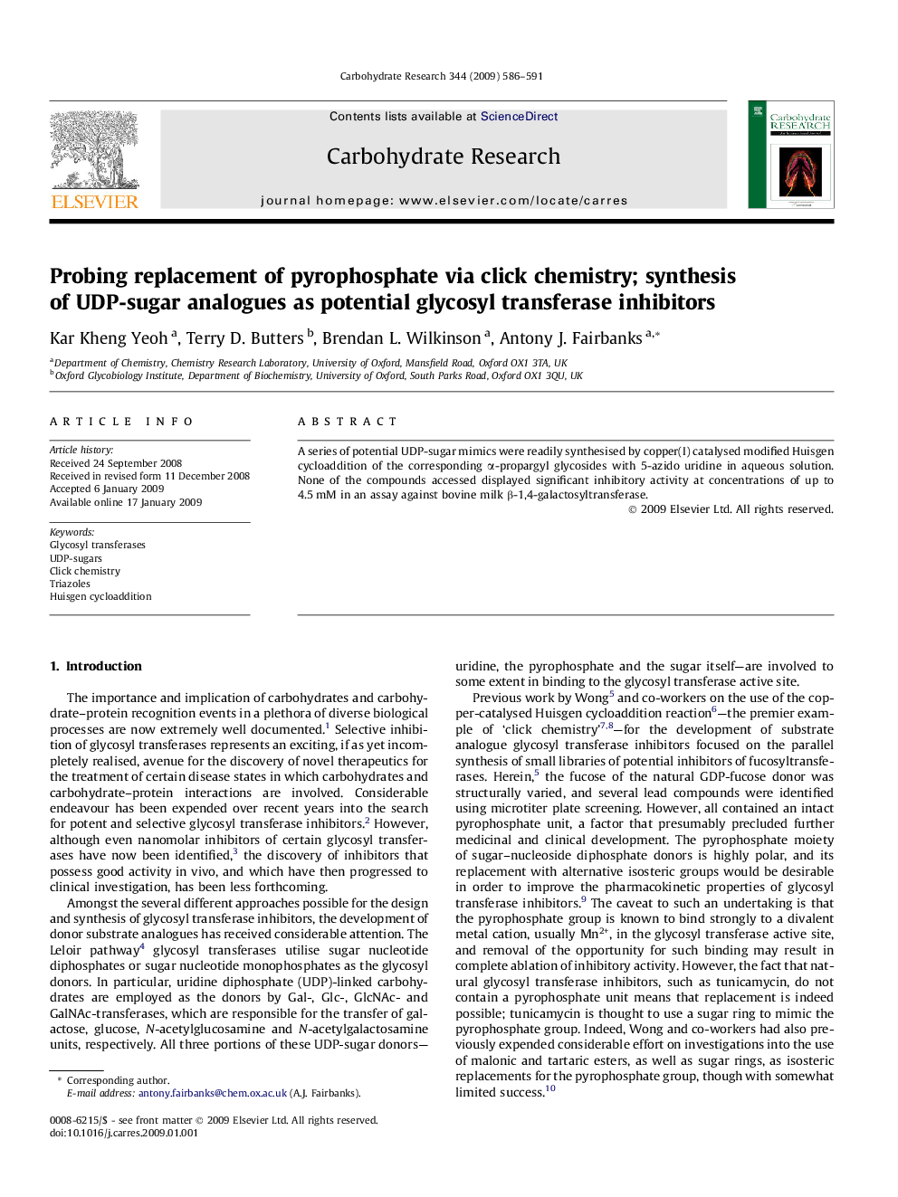 Probing replacement of pyrophosphate via click chemistry; synthesis of UDP-sugar analogues as potential glycosyl transferase inhibitors