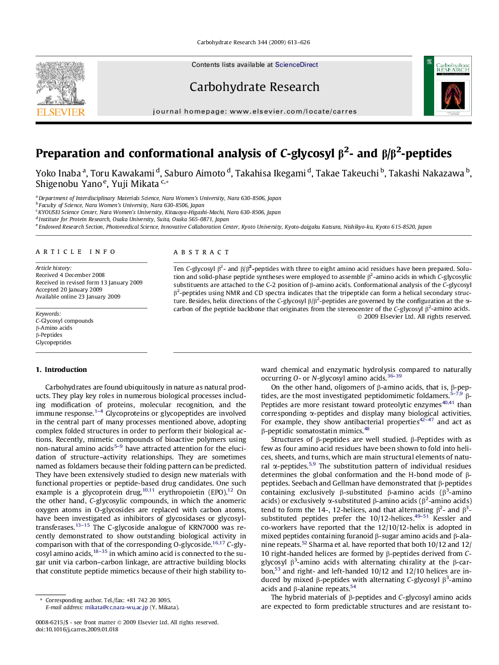 Preparation and conformational analysis of C-glycosyl Î²2- and Î²/Î²2-peptides