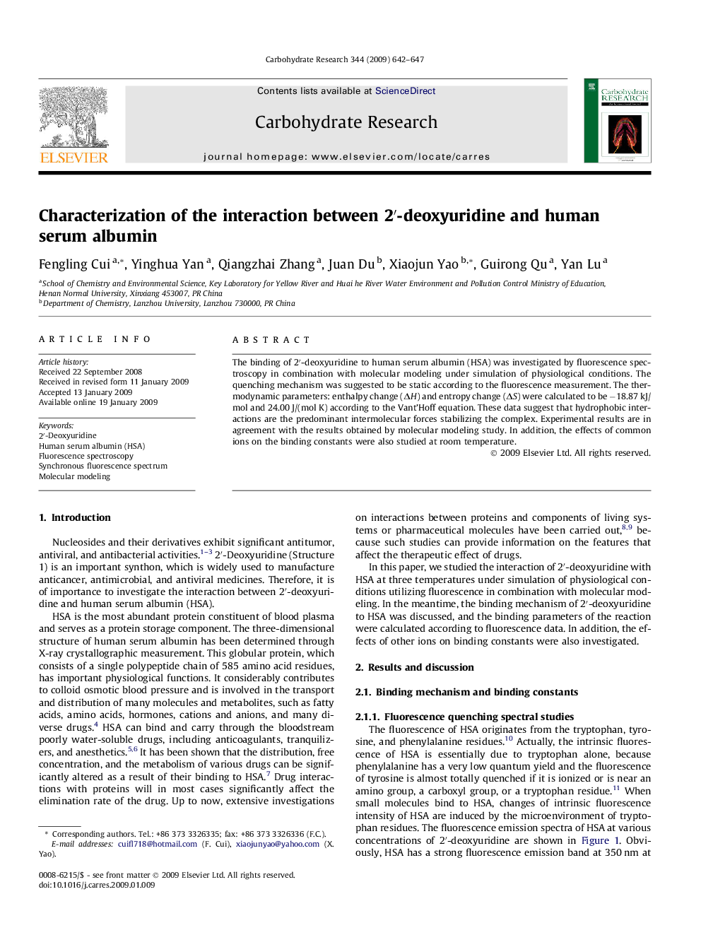 Characterization of the interaction between 2â²-deoxyuridine and human serum albumin