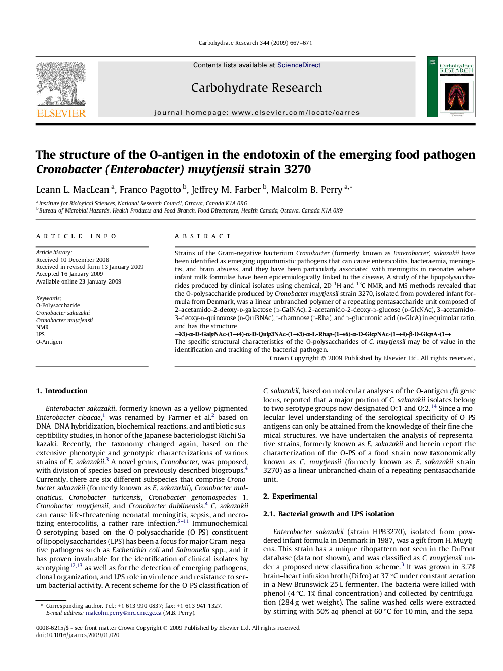 The structure of the O-antigen in the endotoxin of the emerging food pathogen Cronobacter (Enterobacter) muytjensii strain 3270