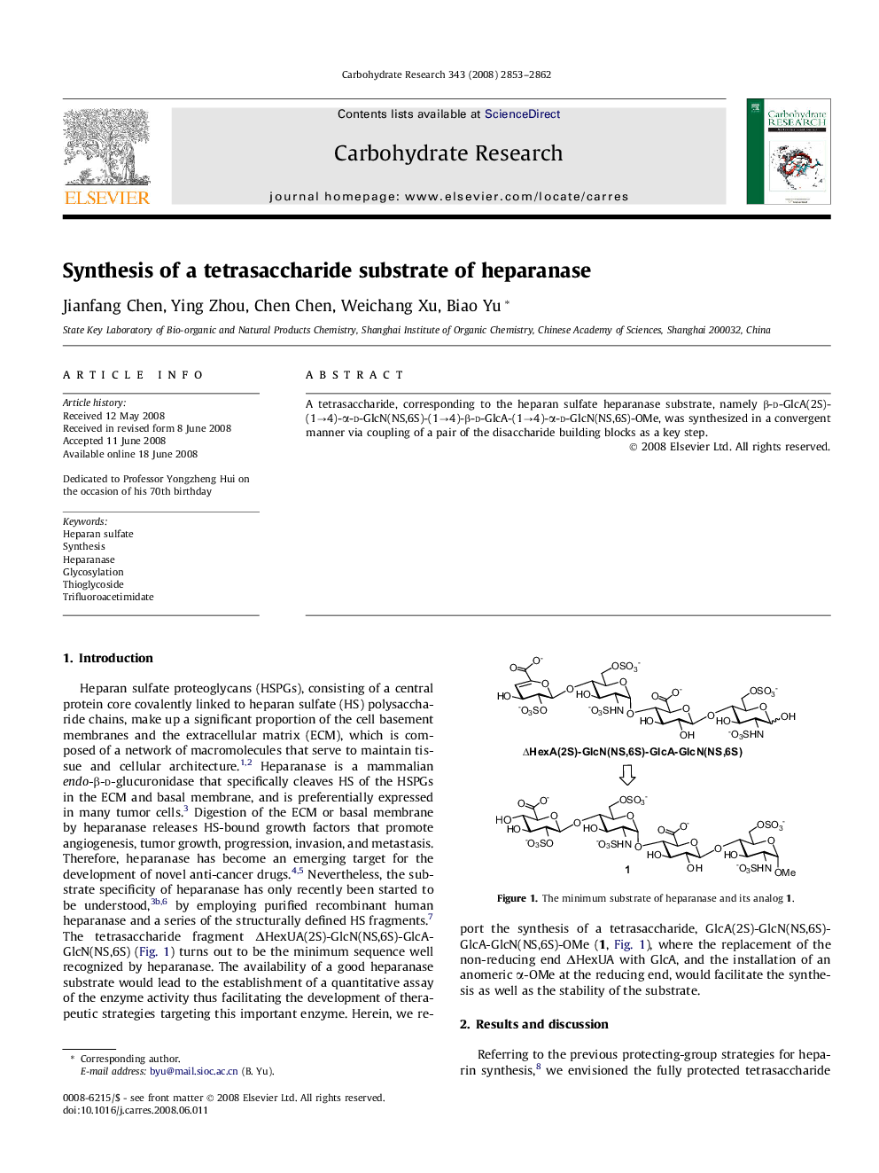 عکس صفحه اول مقاله: Synthesis of a tetrasaccharide substrate of heparanase Synthesis of a tetrasaccharide substrate of heparanase