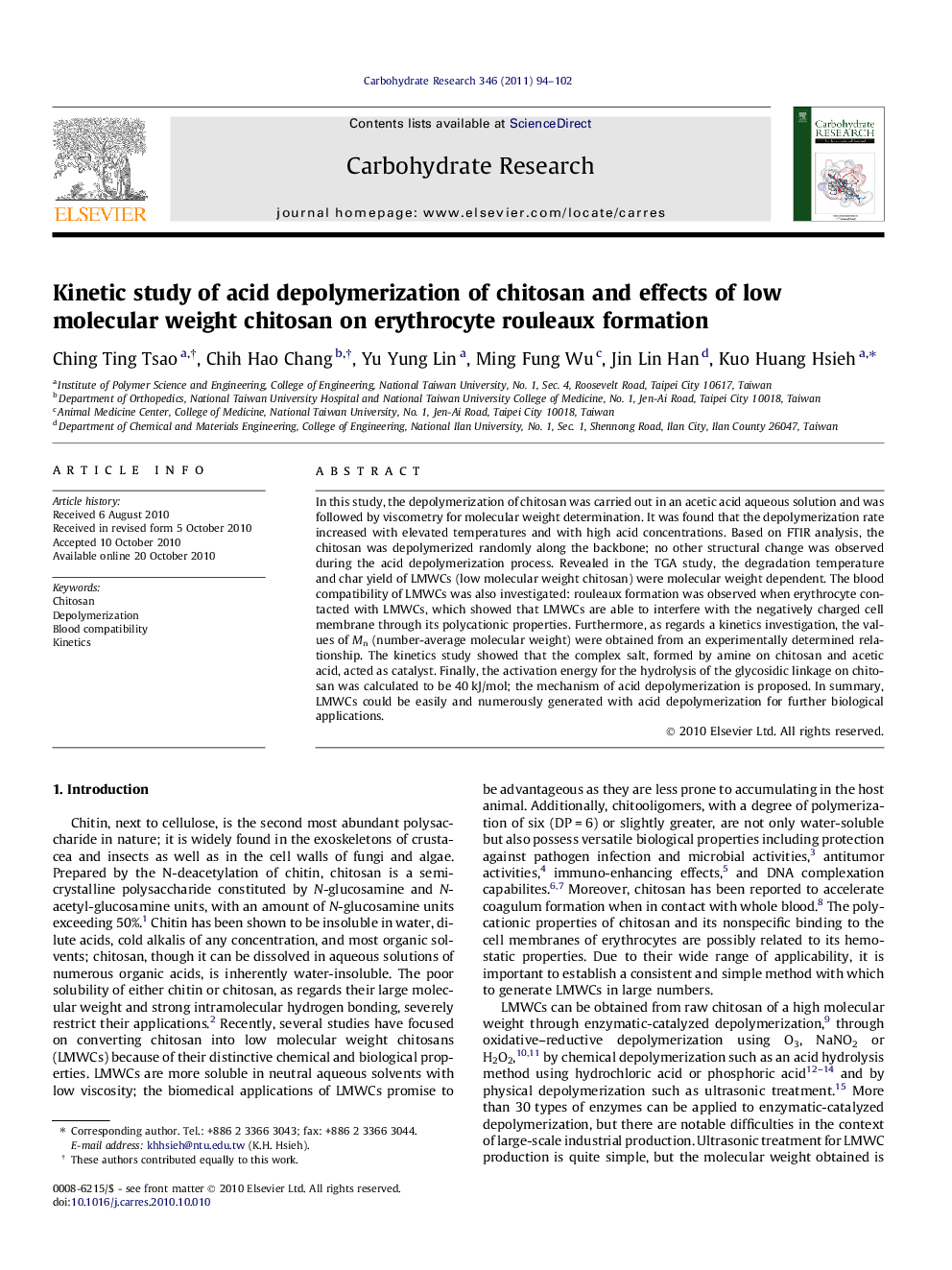 Kinetic study of acid depolymerization of chitosan and effects of low molecular weight chitosan on erythrocyte rouleaux formation