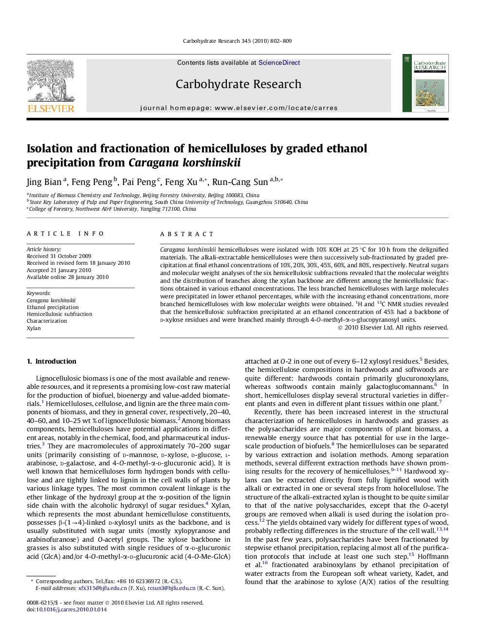 Isolation and fractionation of hemicelluloses by graded ethanol precipitation from Caragana korshinskii