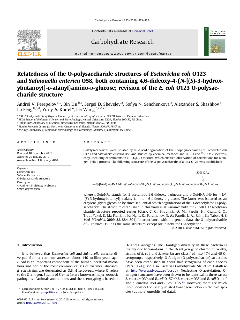 Relatedness of the O-polysaccharide structures of Escherichia coli O123 and Salmonella enterica O58, both containing 4,6-dideoxy-4-{N-[(S)-3-hydroxybutanoyl]-d-alanyl}amino-d-glucose; revision of the E. coli O123 O-polysaccharide structure