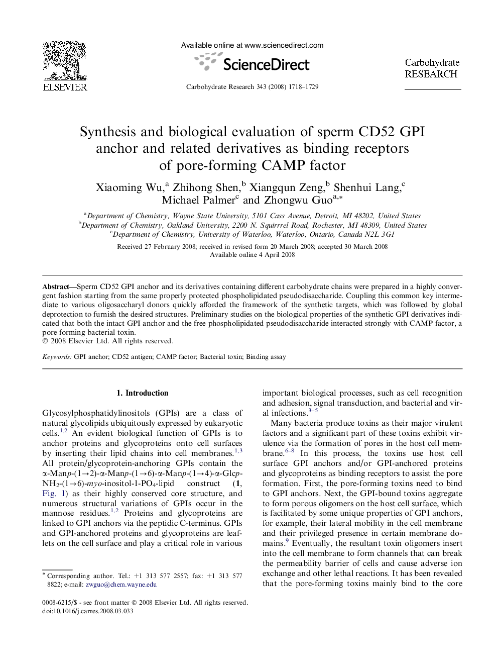 Synthesis and biological evaluation of sperm CD52 GPI anchor and related derivatives as binding receptors of pore-forming CAMP factor