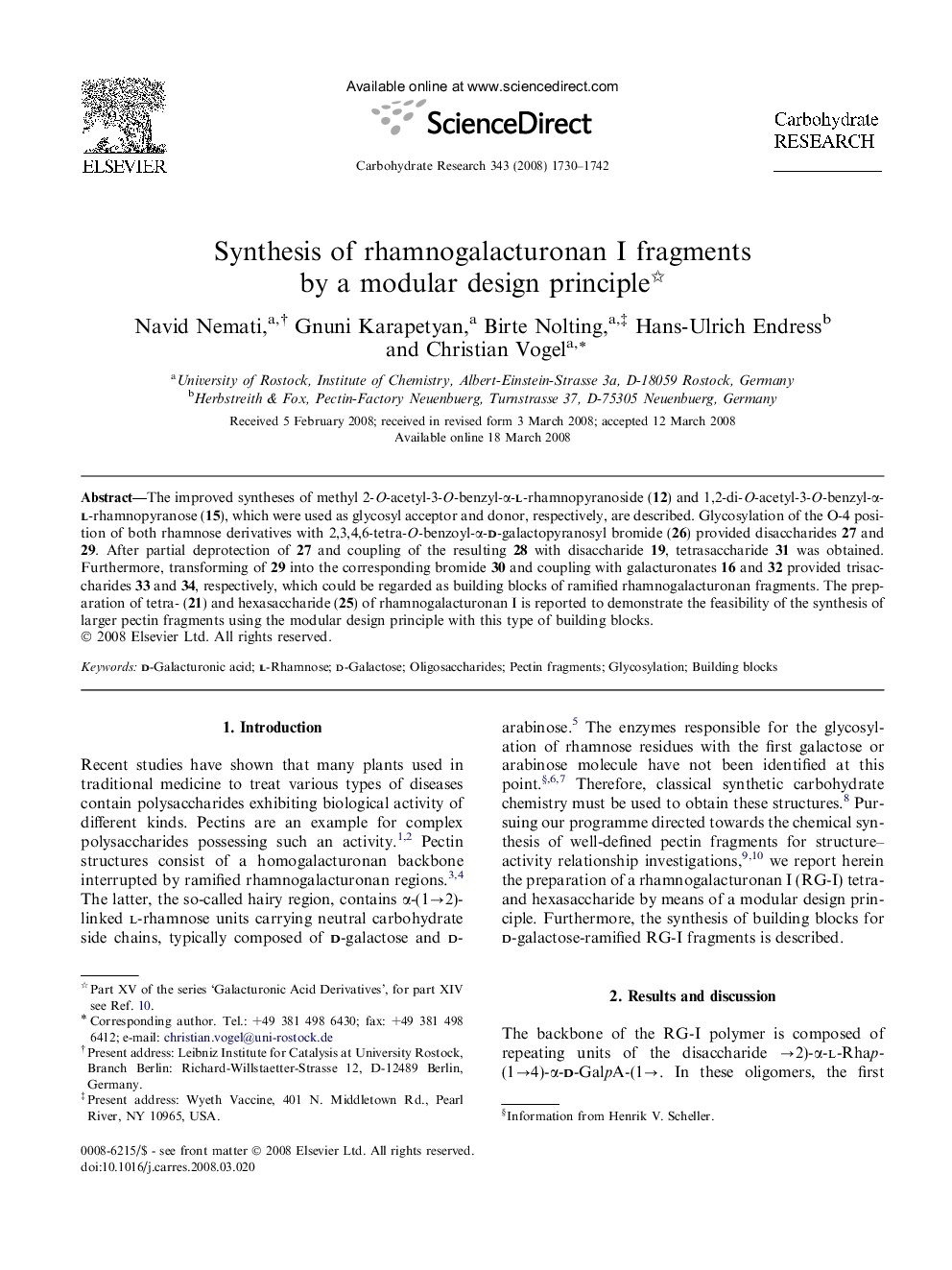 Synthesis of rhamnogalacturonan I fragments by a modular design principle 